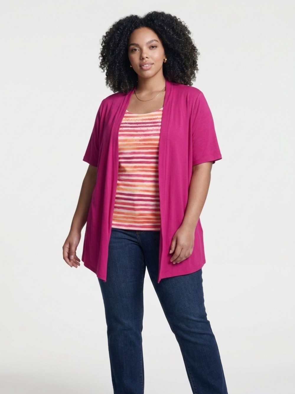 White Stag Fuchsia Open-Front Short-Sleeve Cardigan with Striped Tank